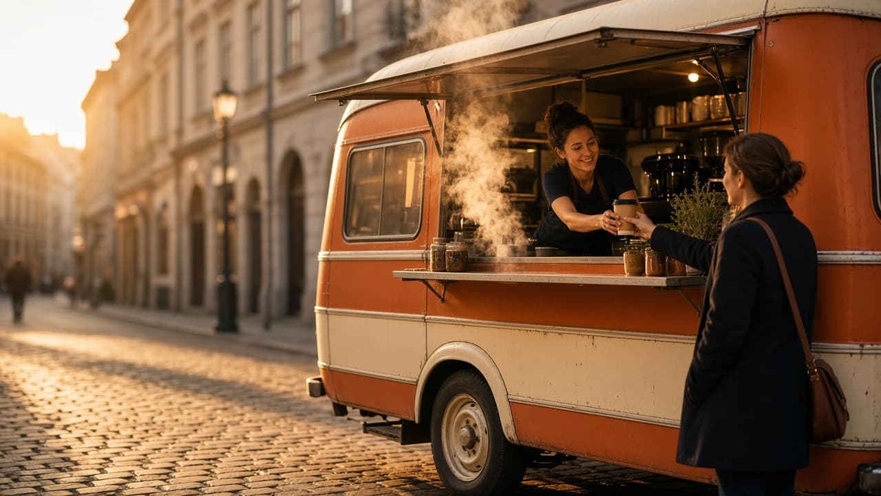 A food truck serving coffee on a city street